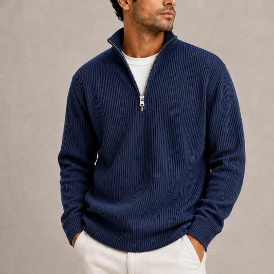 Ribbed Quarter-Zip Sweater - Navy