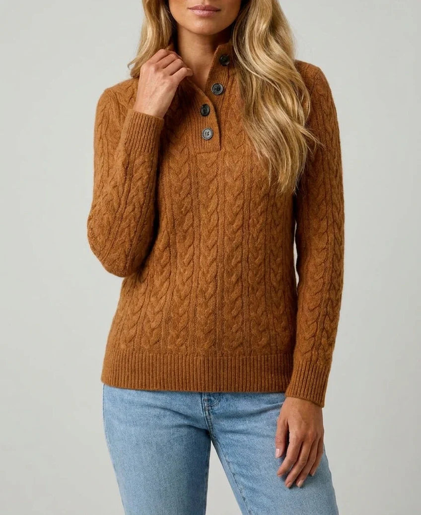 Hazel Cable Knit Button-Neck Pullover - Brown