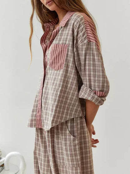 Plaid Button-Up Pajama Set - Pink