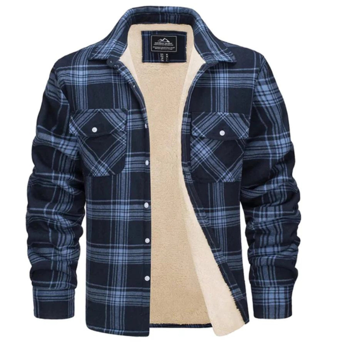 Sherpa-Lined Plaid Flannel Shirt Jacket - Marine Blue