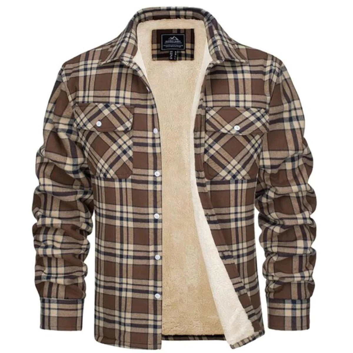 Sherpa-Lined Plaid Flannel Shirt Jacket - Khaki