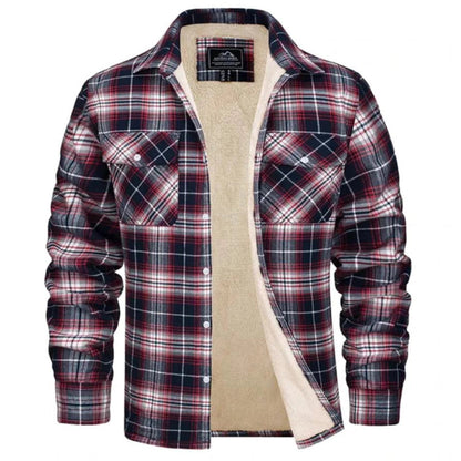Sherpa-Lined Plaid Flannel Shirt Jacket - Red