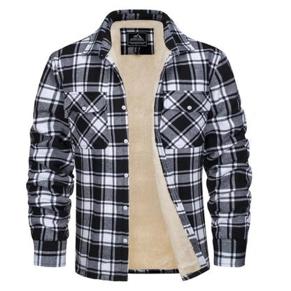 Sherpa-Lined Plaid Flannel Shirt Jacket - Black