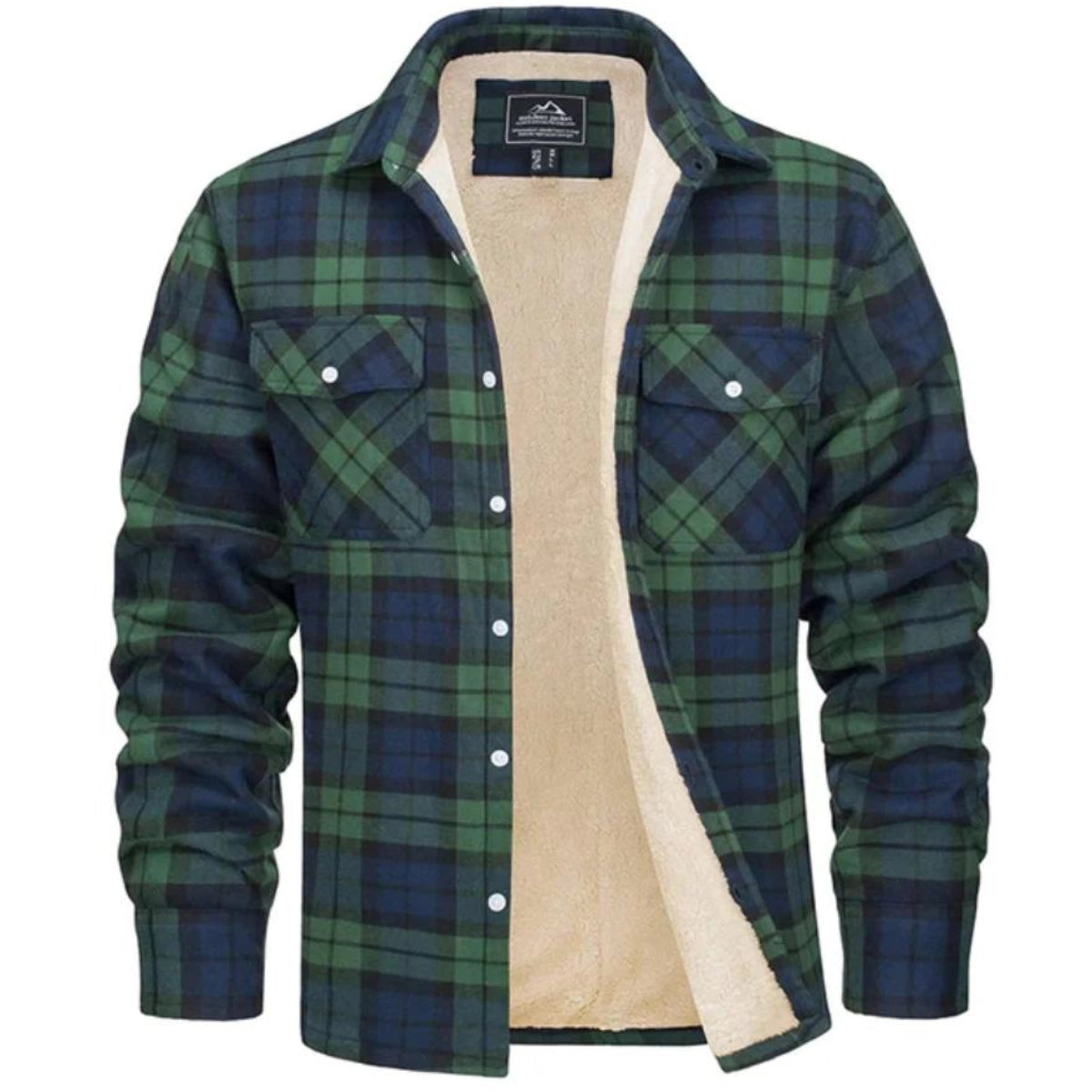 Sherpa-Lined Plaid Flannel Shirt Jacket - Green