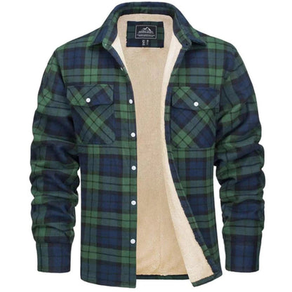 Sherpa-Lined Plaid Flannel Shirt Jacket - Green