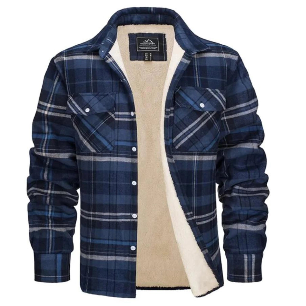 Sherpa-Lined Plaid Flannel Shirt Jacket - Blue-Grey