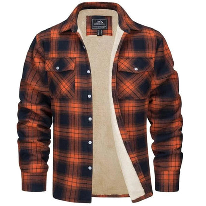 Sherpa-Lined Plaid Flannel Shirt Jacket - Orange