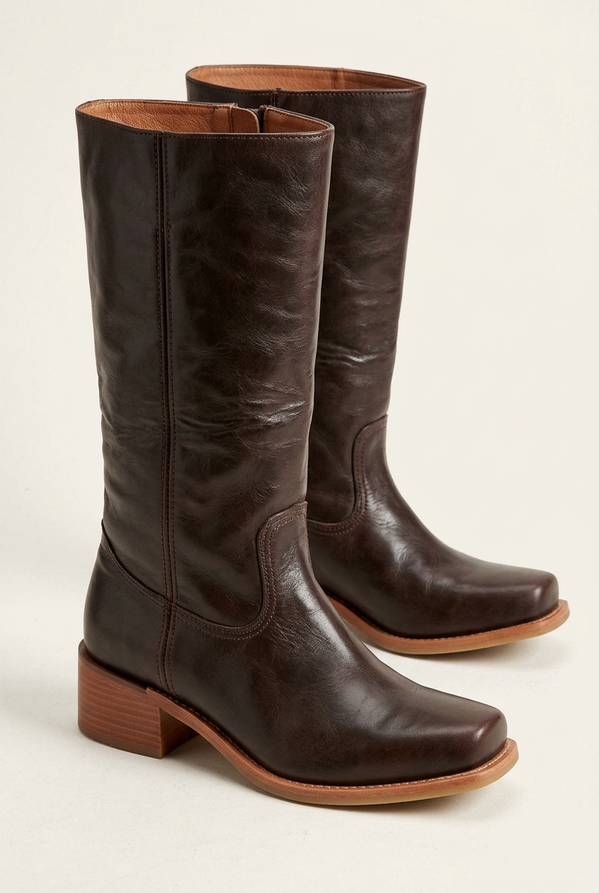 Mid-Calf Block Heel Boots - Dark Brown
