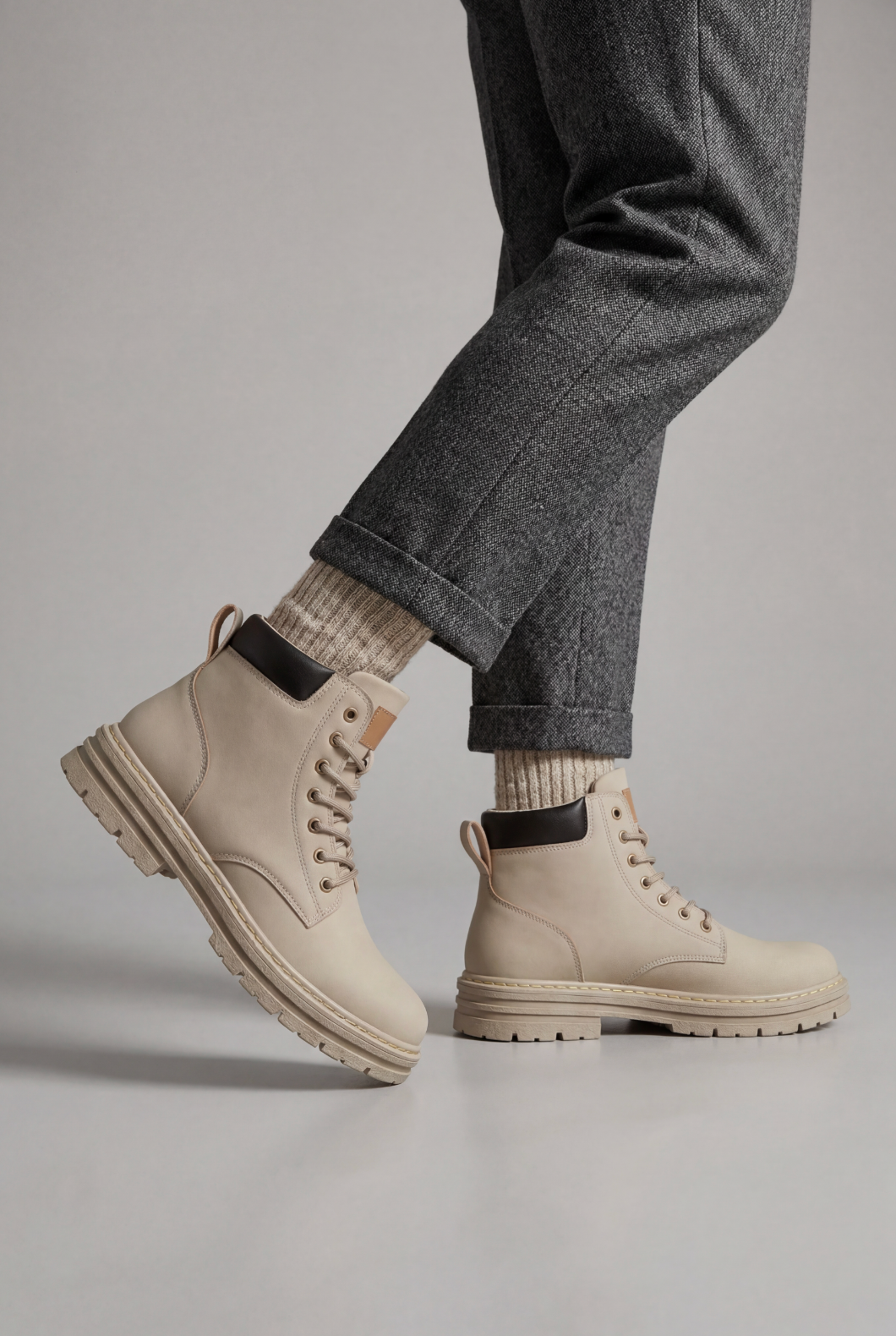 Men's Lace-Up Boots with Chunky Lug Sole - Light Grey, view 2