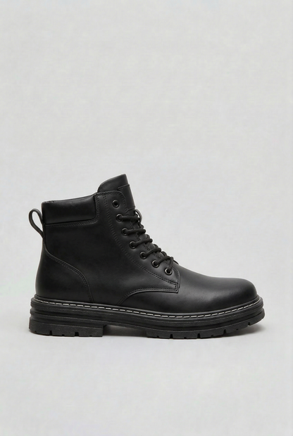 Men's Lace-Up Boots with Chunky Lug Sole - Black