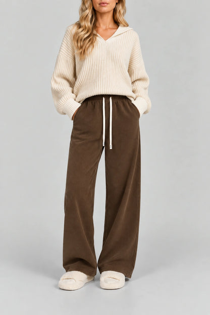 Fleece-Lined Wide-Leg Trousers - Brown