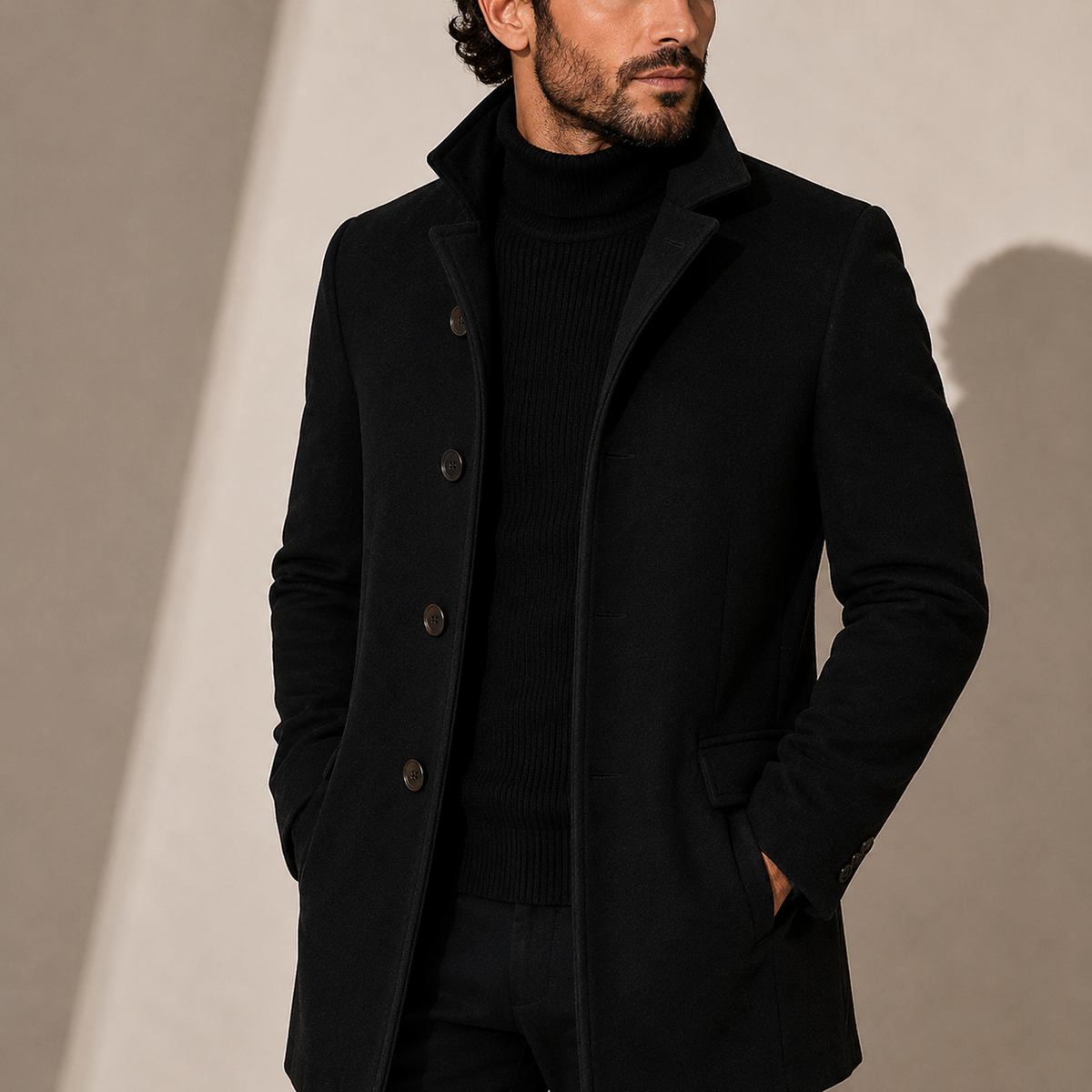 Stand Collar Winter Coat - Black
