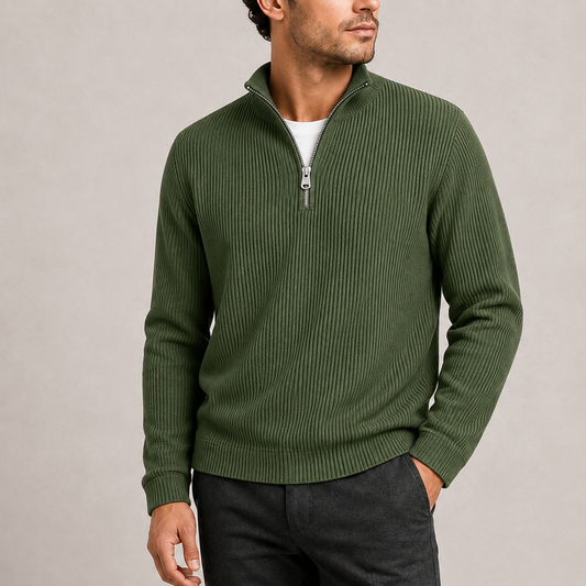 Ribbed Quarter-Zip Sweater - Olive Green
