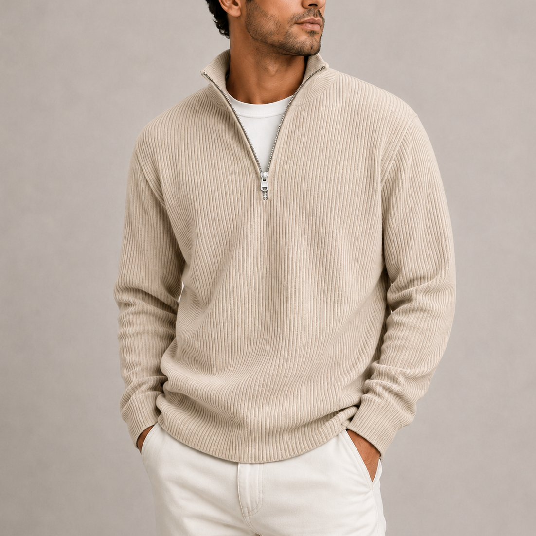 Ribbed Quarter-Zip Sweater - Cream