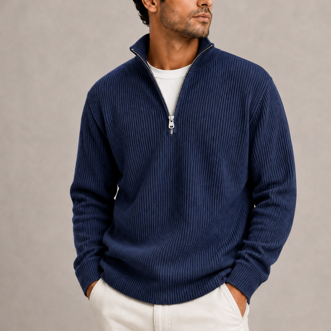 Ribbed Quarter-Zip Sweater - Navy