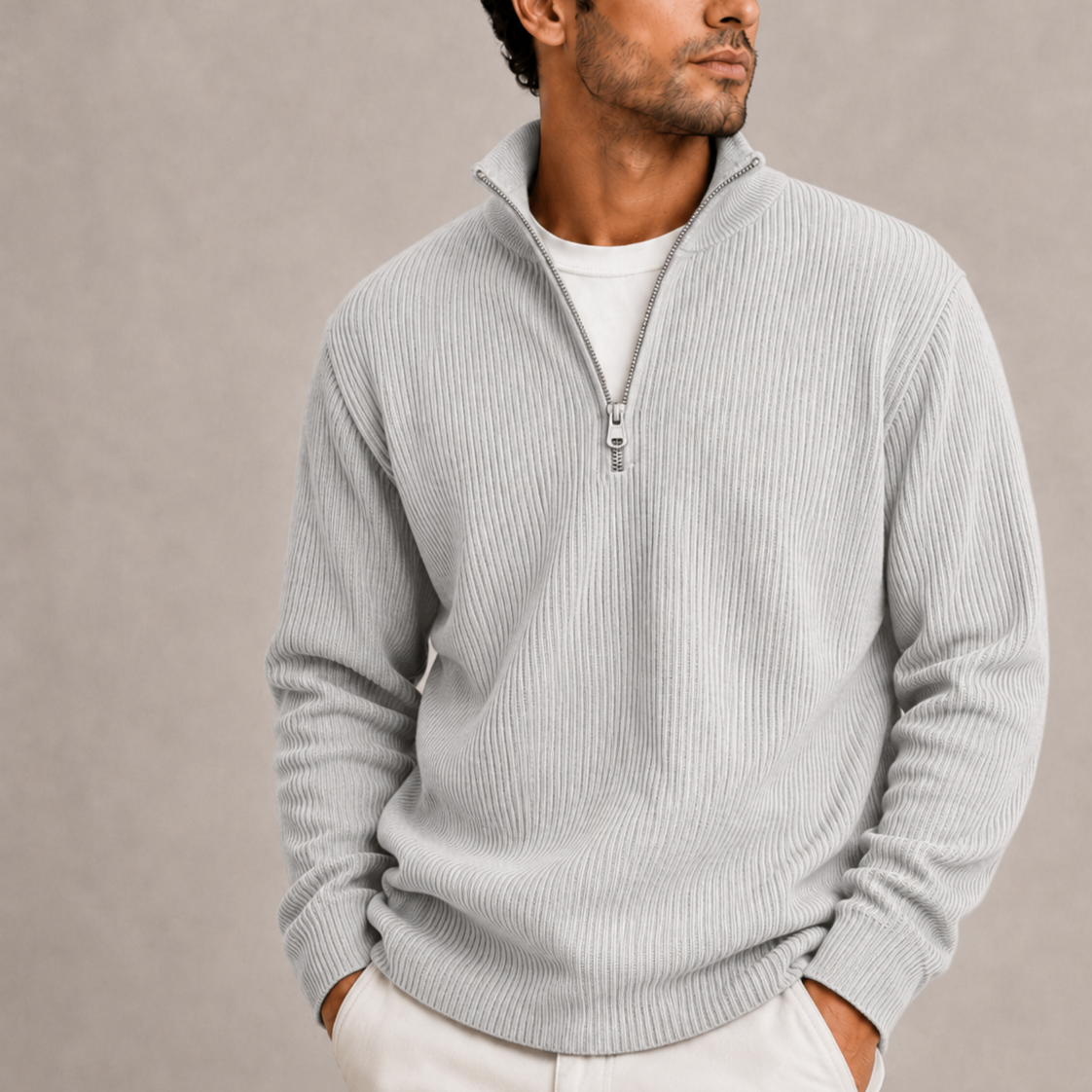 Ribbed Quarter-Zip Sweater - Grey