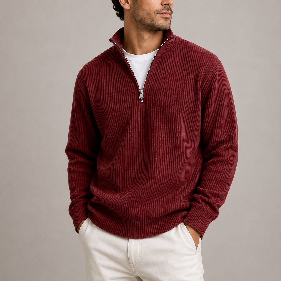 Ribbed Quarter-Zip Sweater - Red