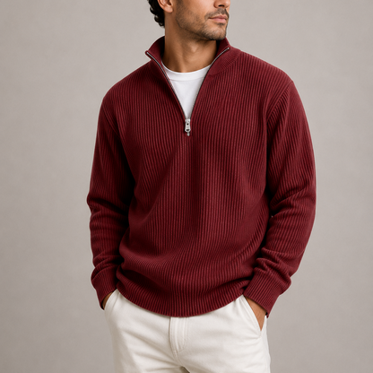Ribbed Quarter-Zip Sweater - Red