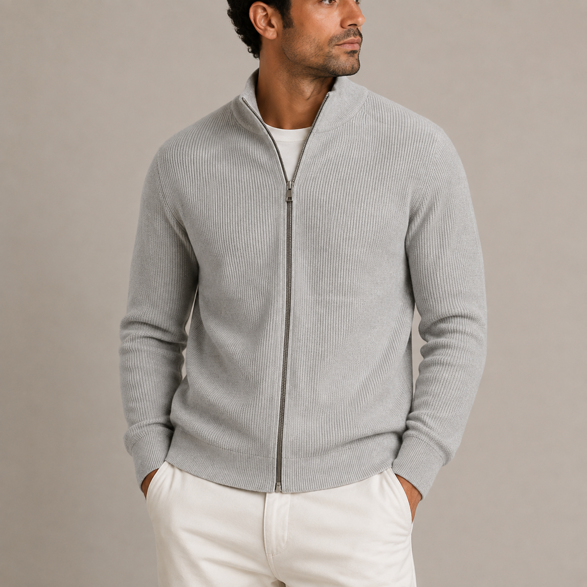 Ribbed Zip Cardigan - Light Grey