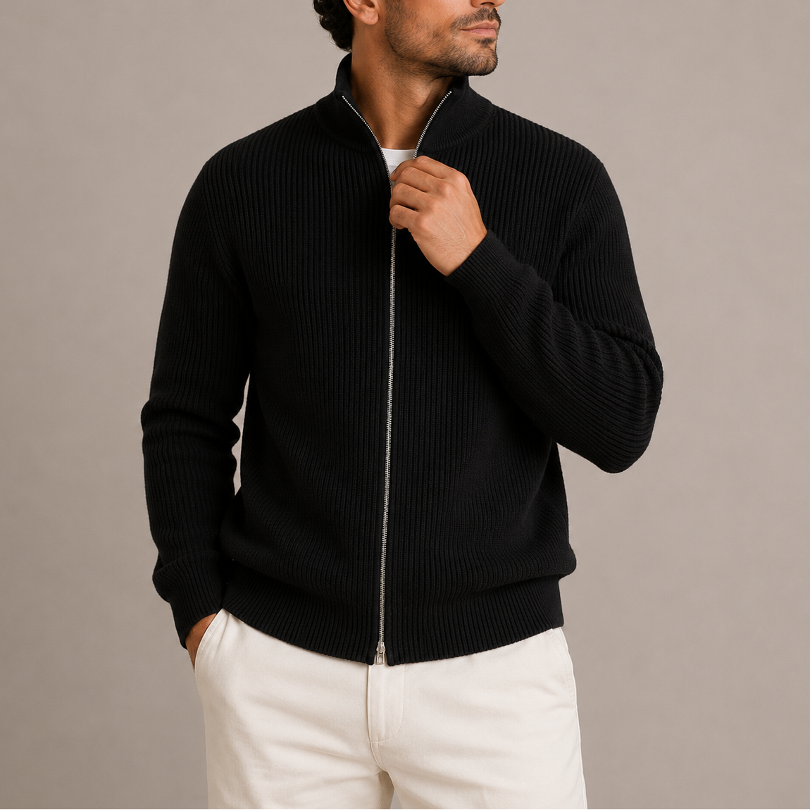 Ribbed Zip Cardigan - Black