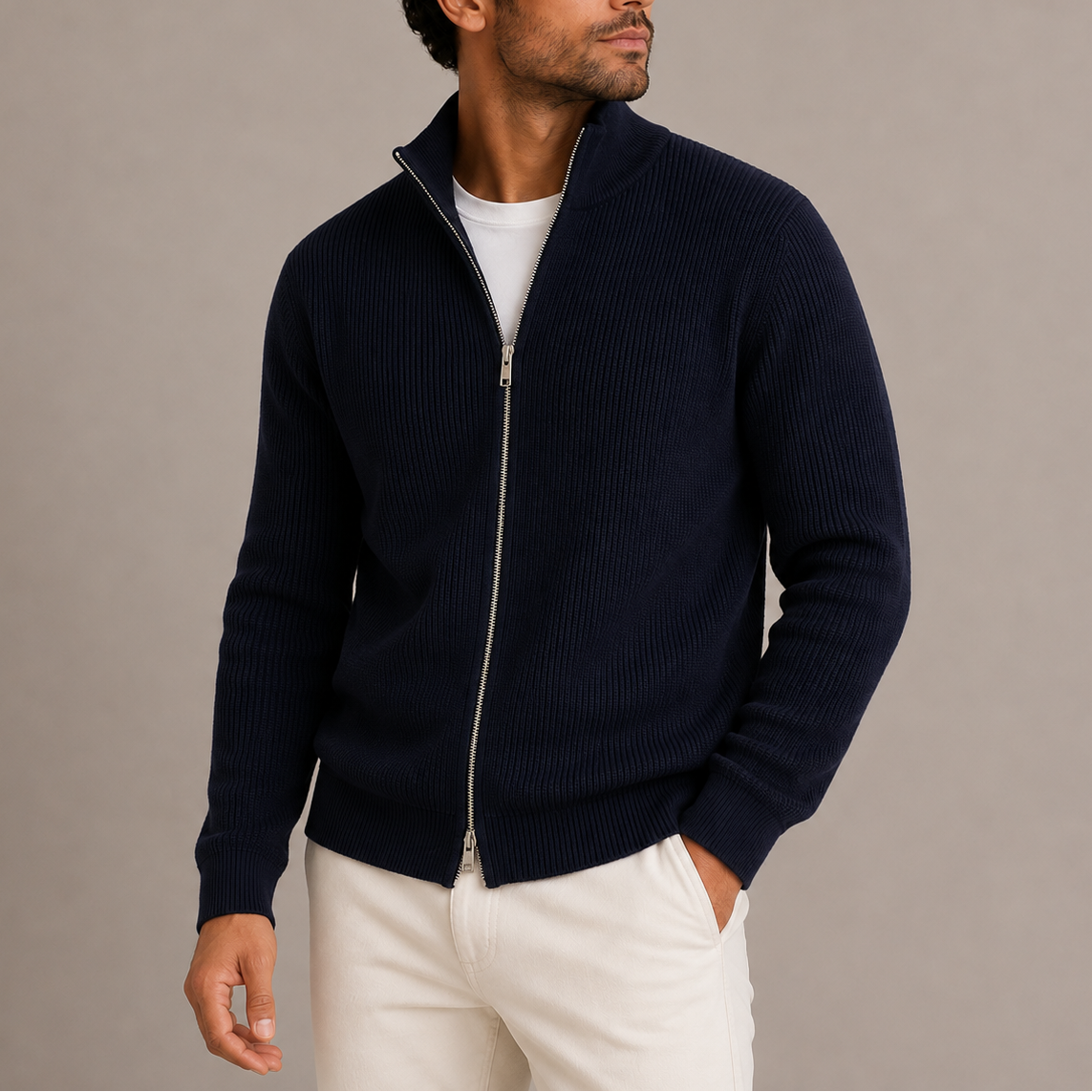 Ribbed Zip Cardigan - Navy