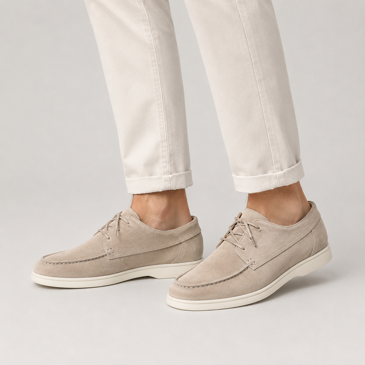 Suede Lace-Up Loafers - Beige