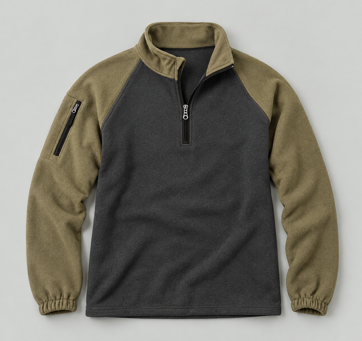 Two-Tone Funnel Neck Quarter-Zip Fleece Sweatshirt - Grey/Olive
