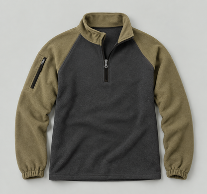 Two-Tone Funnel Neck Quarter-Zip Fleece Sweatshirt - Grey/Olive