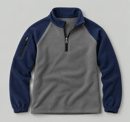 Two-Tone Funnel Neck Quarter-Zip Fleece Sweatshirt - Grey/Navy