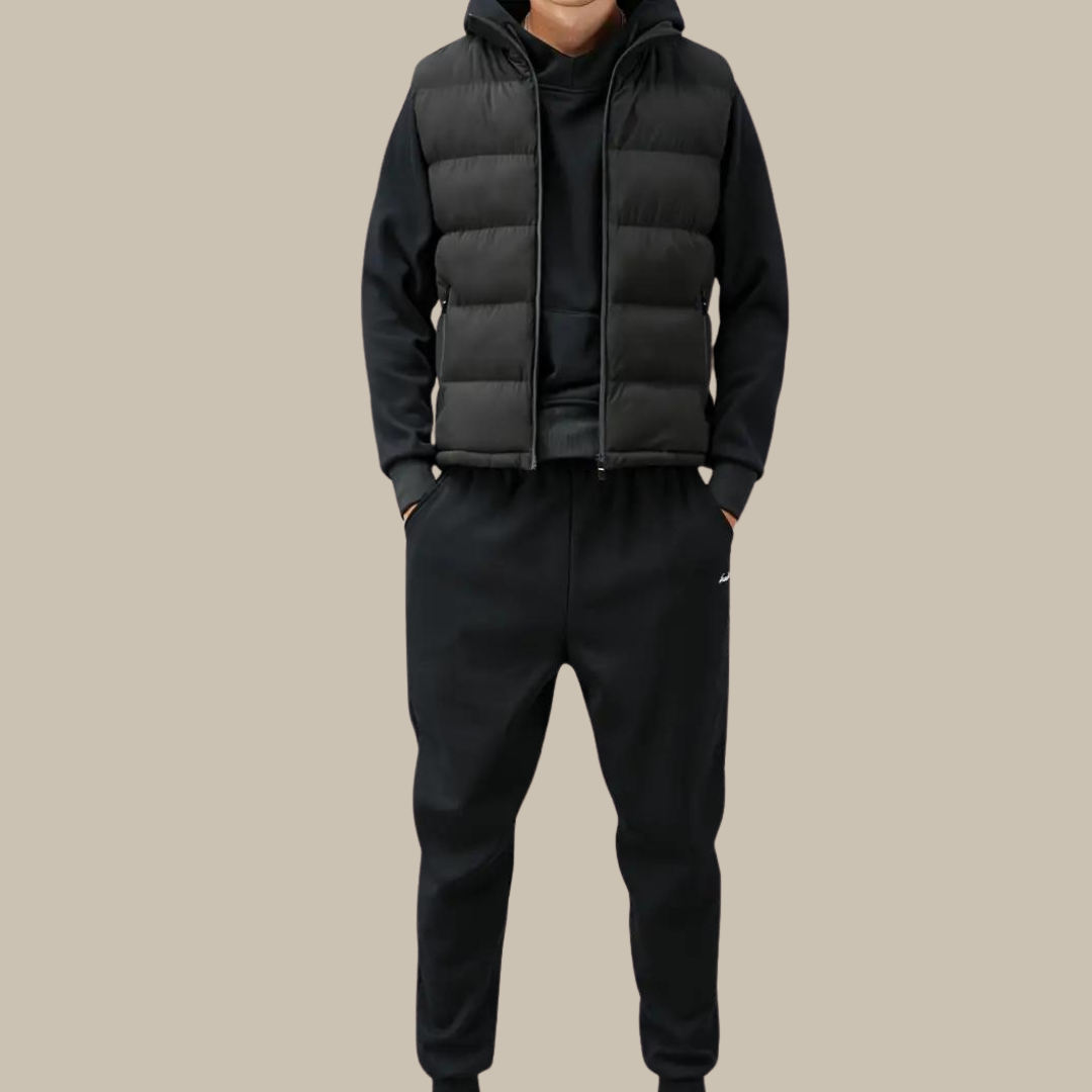 Men's Padded Gilet with Zip Front and Stand Collar - Black