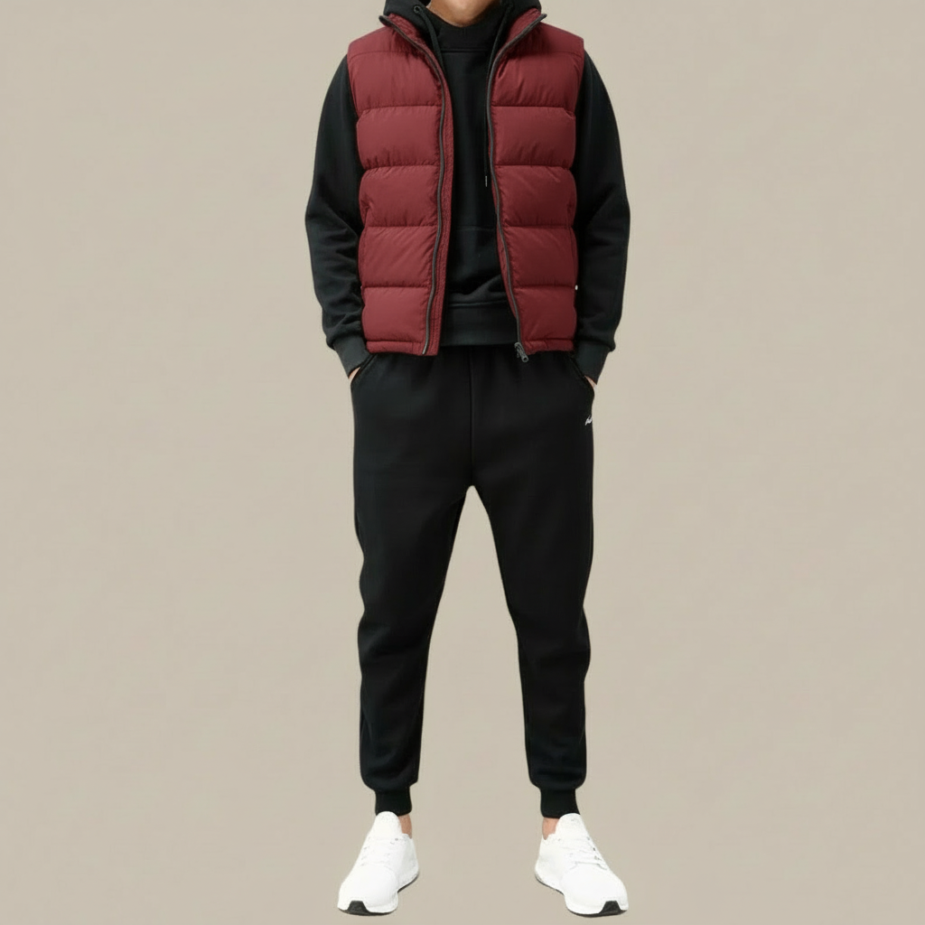 Men's Padded Gilet with Zip Front and Stand Collar - Red