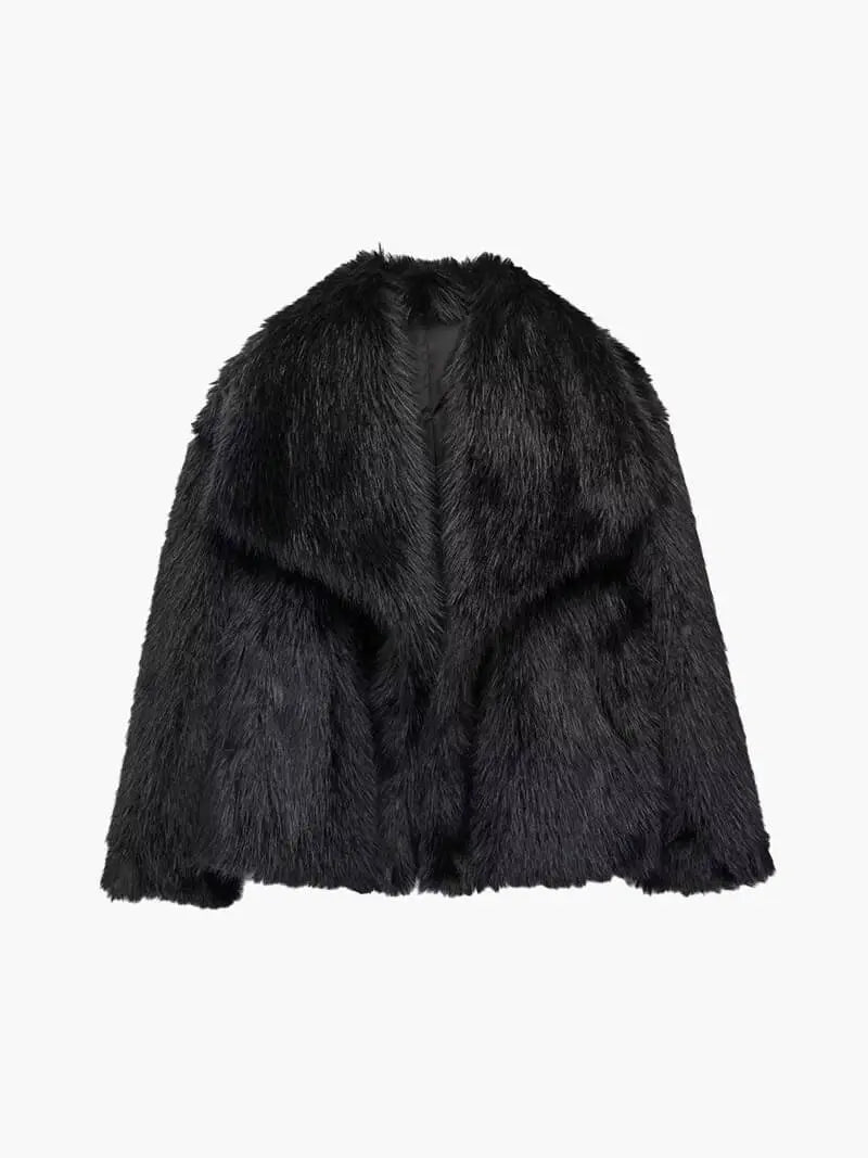 Women's Faux Fur Coat with Wide Lapel Collar - Black