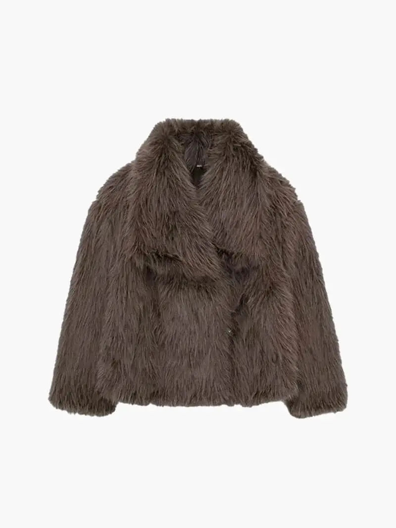 Women's Faux Fur Coat with Wide Lapel Collar - Brown