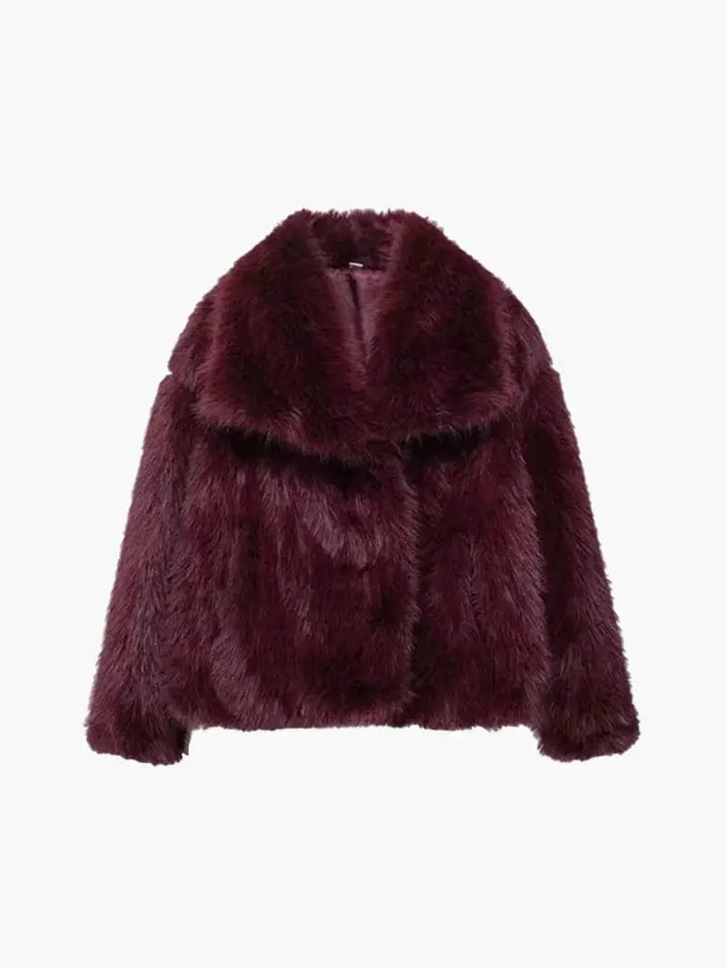 Women's Faux Fur Coat with Wide Lapel Collar - Burgundy
