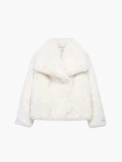 Women's Faux Fur Coat with Wide Lapel Collar - White