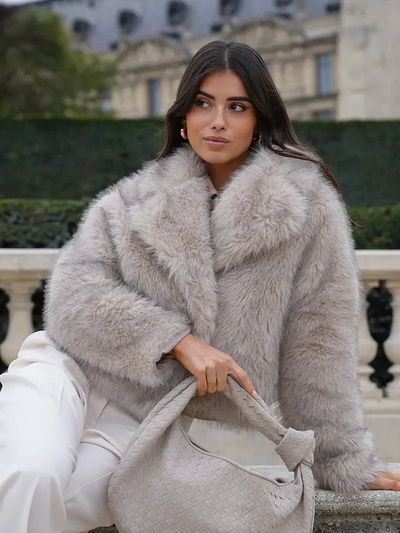 Women's Faux Fur Coat with Wide Lapel Collar - Cream, view 2