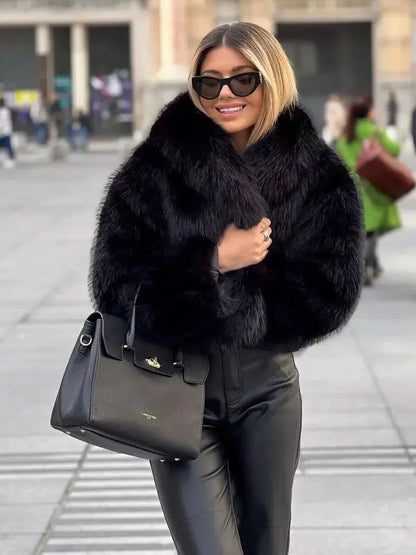 Women's Faux Fur Coat with Wide Lapel Collar - Cream, view 3