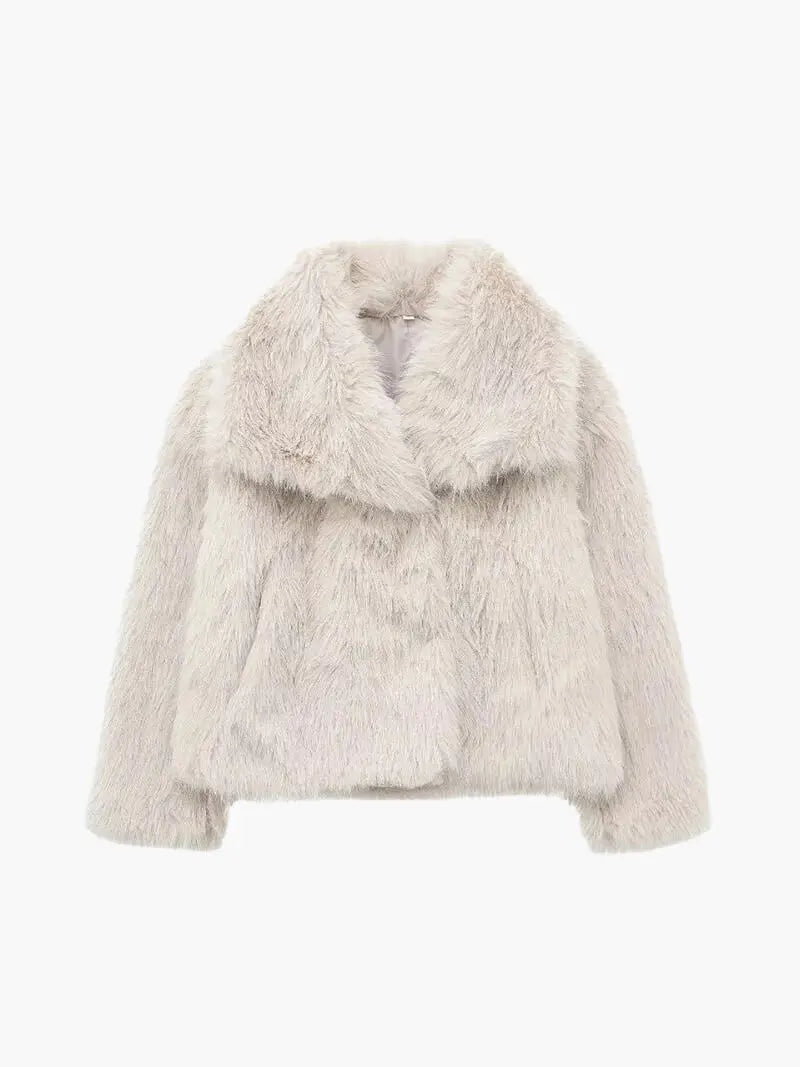 Women's Faux Fur Coat with Wide Lapel Collar - Cream