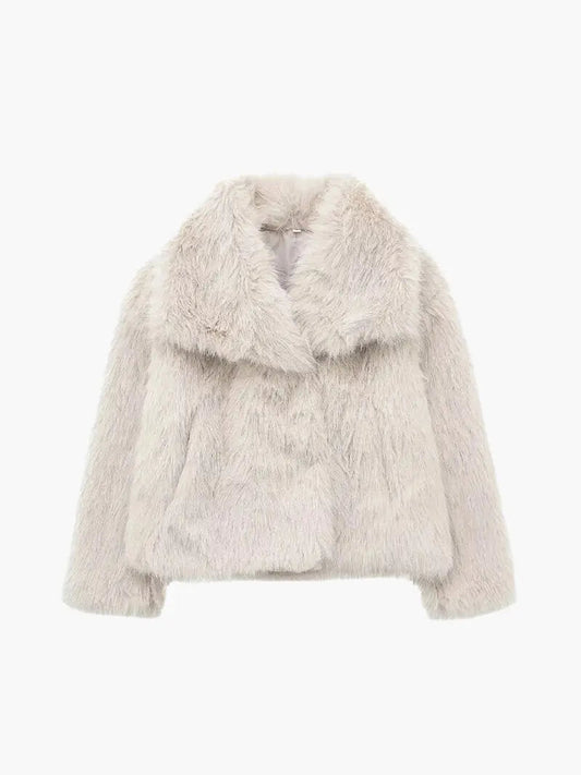 Women's Faux Fur Coat with Wide Lapel Collar - Cream