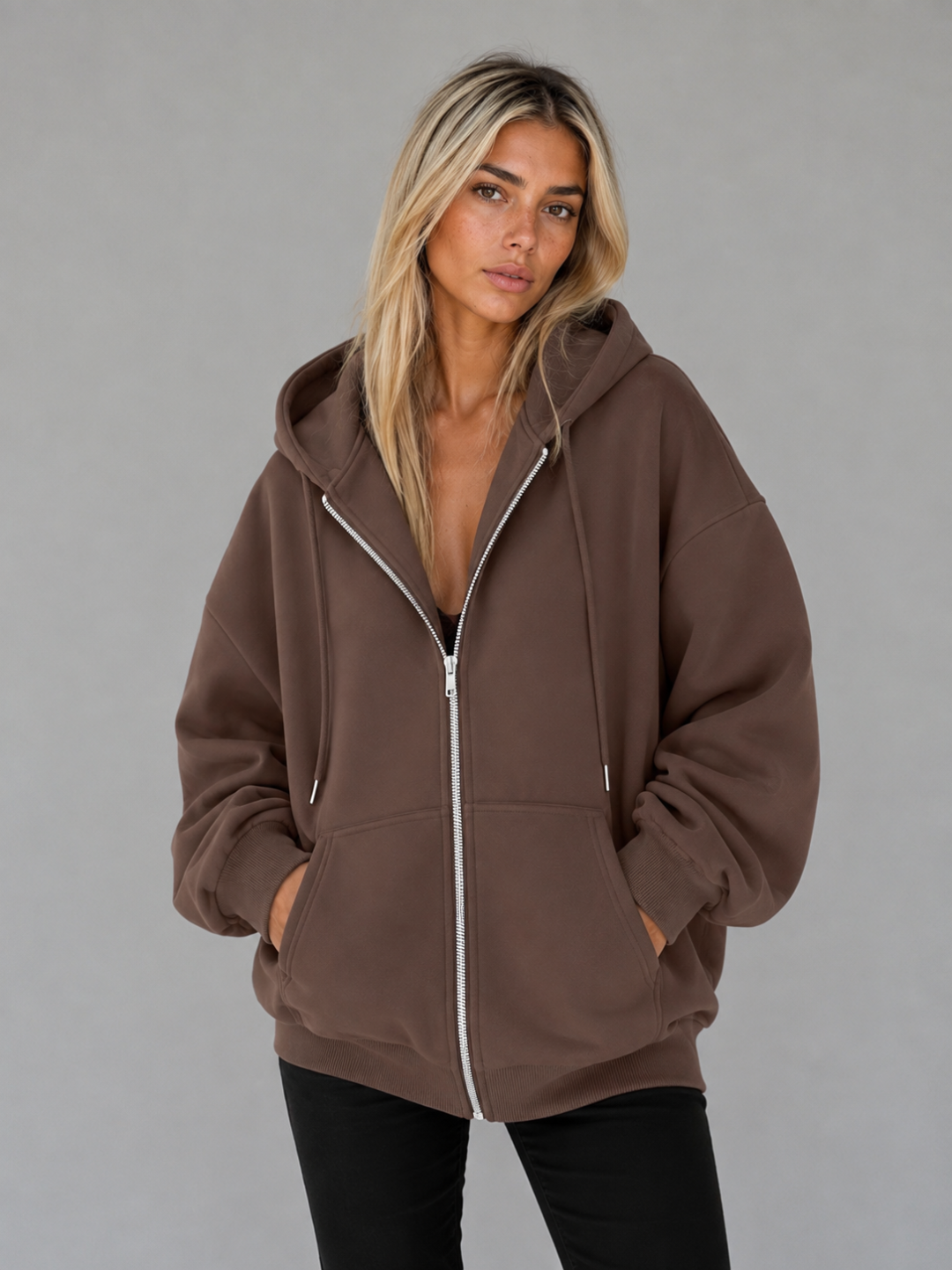 Women's Full-Zip Oversized Hoodie - Brown