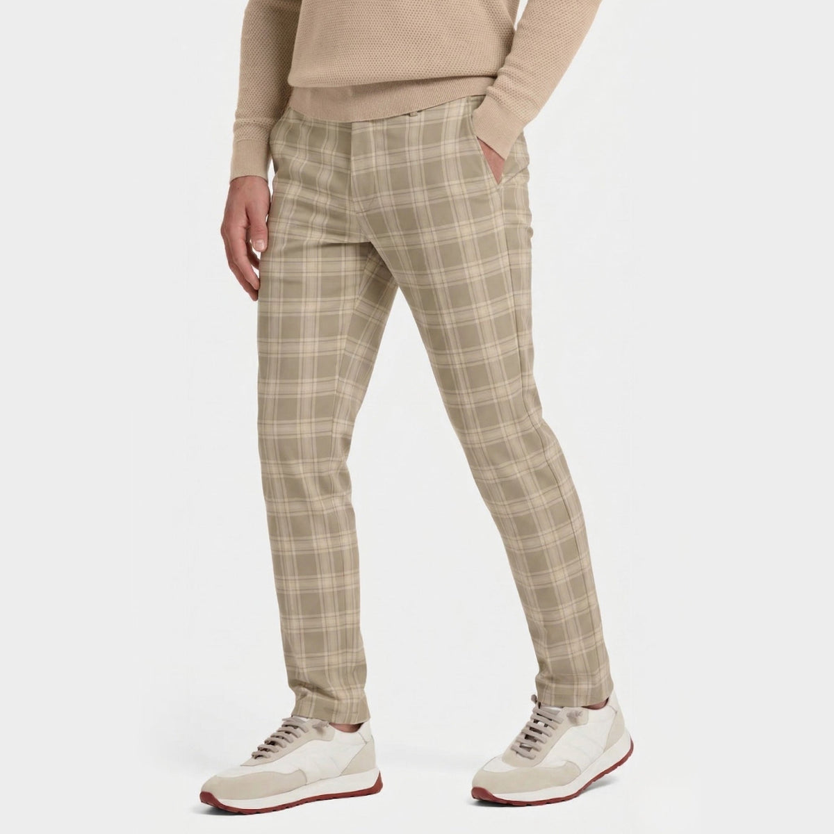 Check Tailored Slim-Fit Trousers - Khaki