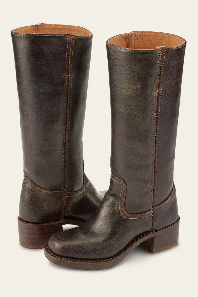 Mid-Calf Block Heel Boots - Brown