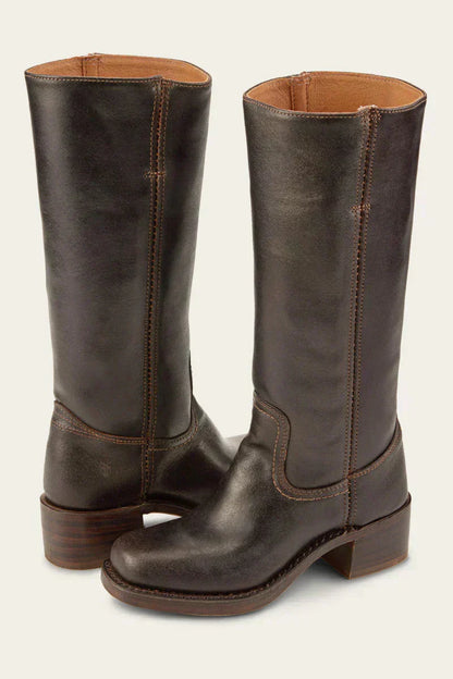 Mid-Calf Block Heel Boots - Brown