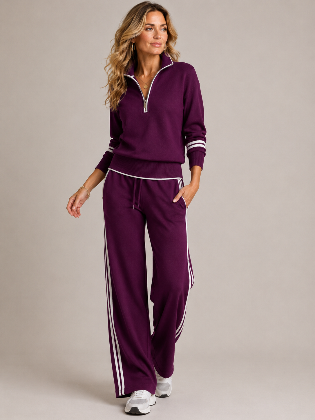 Knitted Two-Piece Set with Quarter-Zip Jumper and Wide-Leg Trousers - Purple
