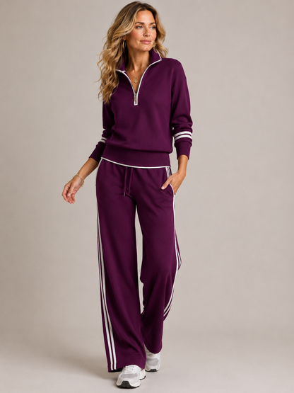 Knitted Two-Piece Set with Quarter-Zip Jumper and Wide-Leg Trousers - Purple