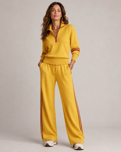 Knitted Two-Piece Set with Quarter-Zip Jumper and Wide-Leg Trousers - Yellow