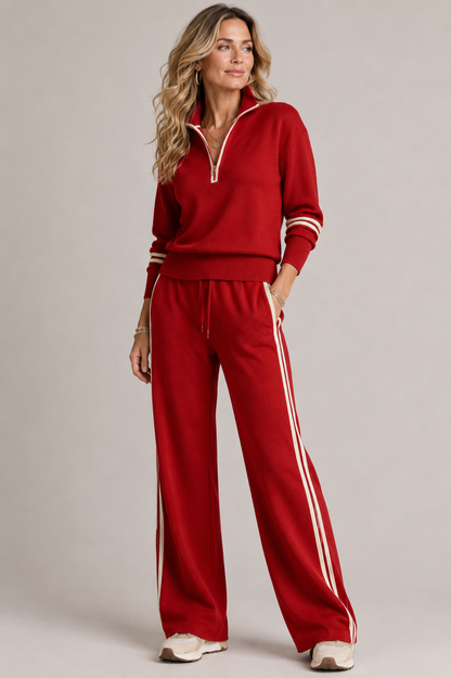 Knitted Two-Piece Set with Quarter-Zip Jumper and Wide-Leg Trousers - Red