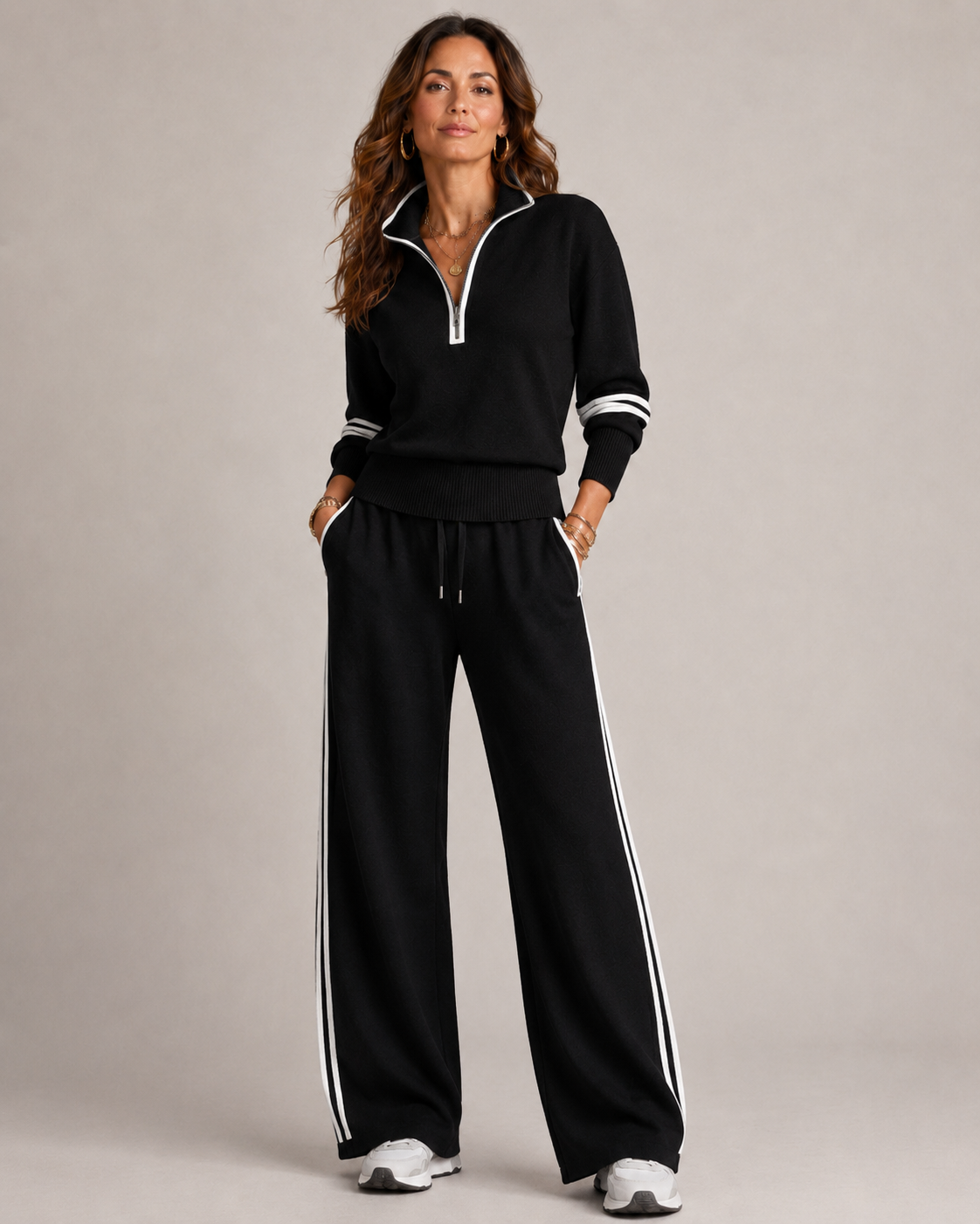 Knitted Two-Piece Set with Quarter-Zip Jumper and Wide-Leg Trousers - Black