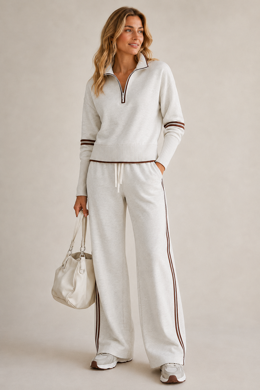 Knitted Two-Piece Set with Quarter-Zip Jumper and Wide-Leg Trousers - White