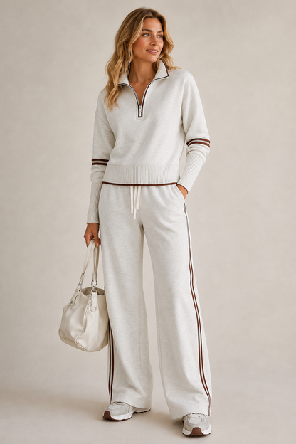 Knitted Two-Piece Set with Quarter-Zip Jumper and Wide-Leg Trousers - White